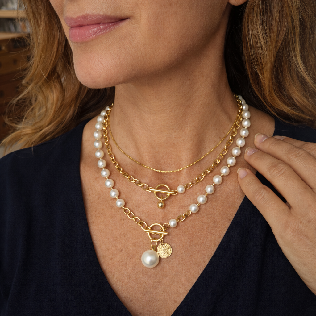 Set de Collares Cadena Serpiente con Perla Estilo Vintage