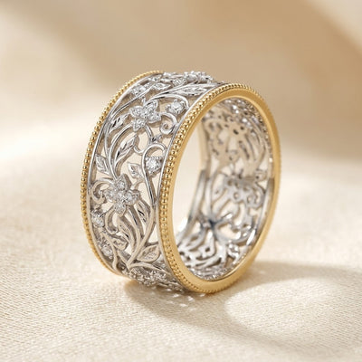 Anillo Banda Ornamentado de Plata y Oro