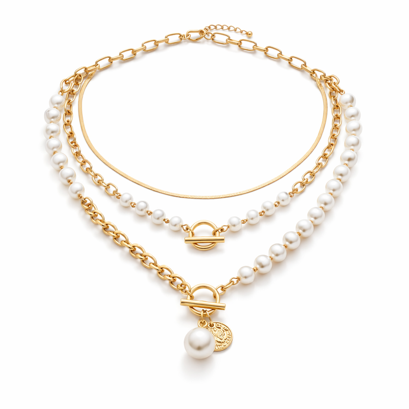 Set de Collares Cadena Serpiente con Perla Estilo Vintage