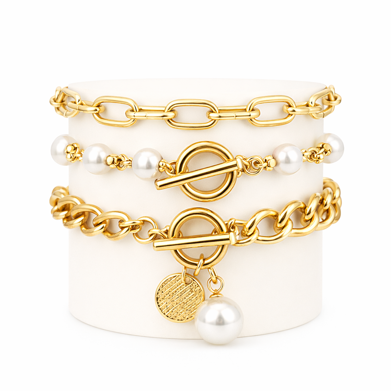 Set de Pulseras Chic 4 Piezas Serpiente Perlas y Argollas