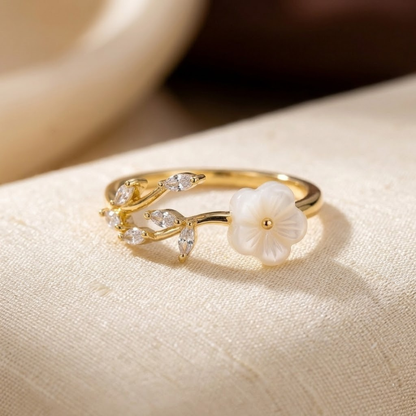 Anillo Abierto Flor y Hoja de Oro