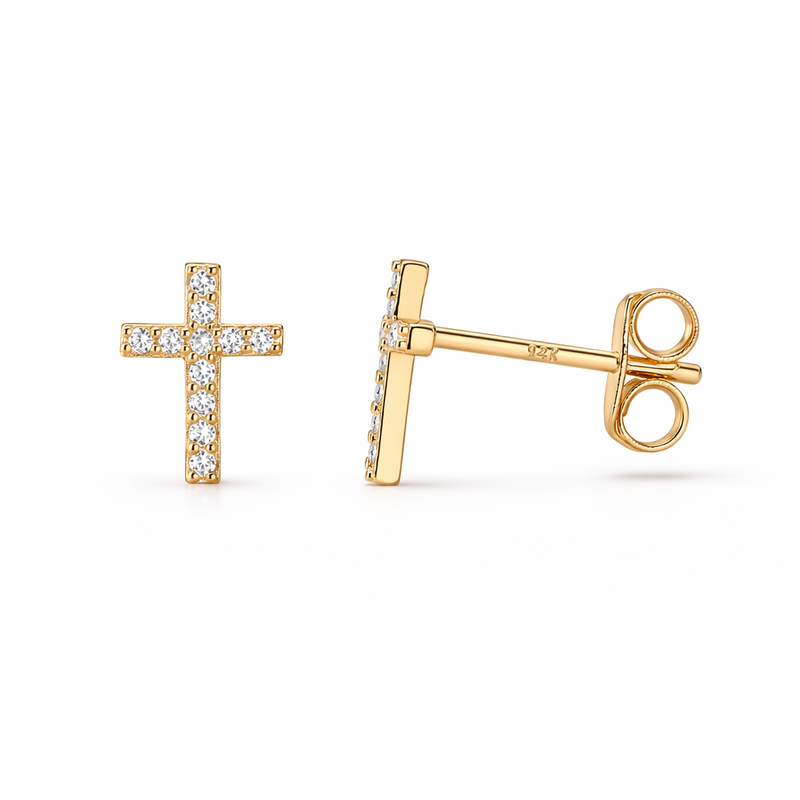 Aretes de Botón Cruz con Pavé