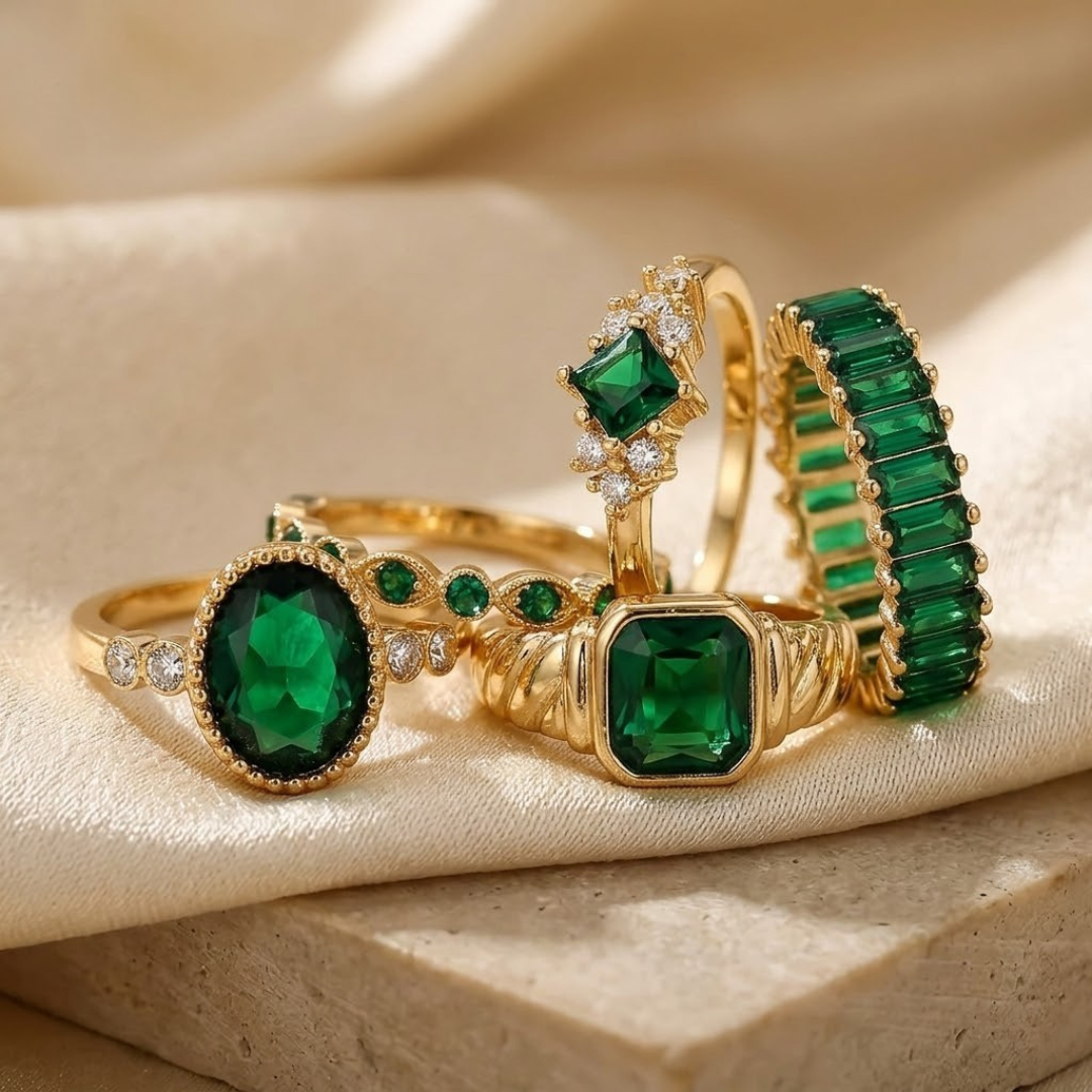 Set de Anillos de Oro con Esmeralda