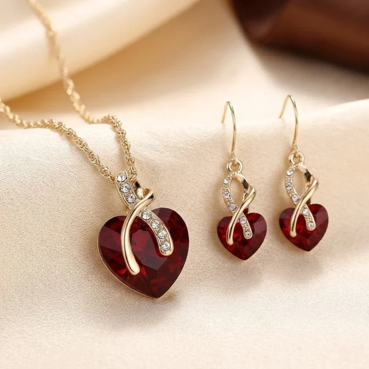 Set de Joyas Corazón Trenzado de Oro con Rubí