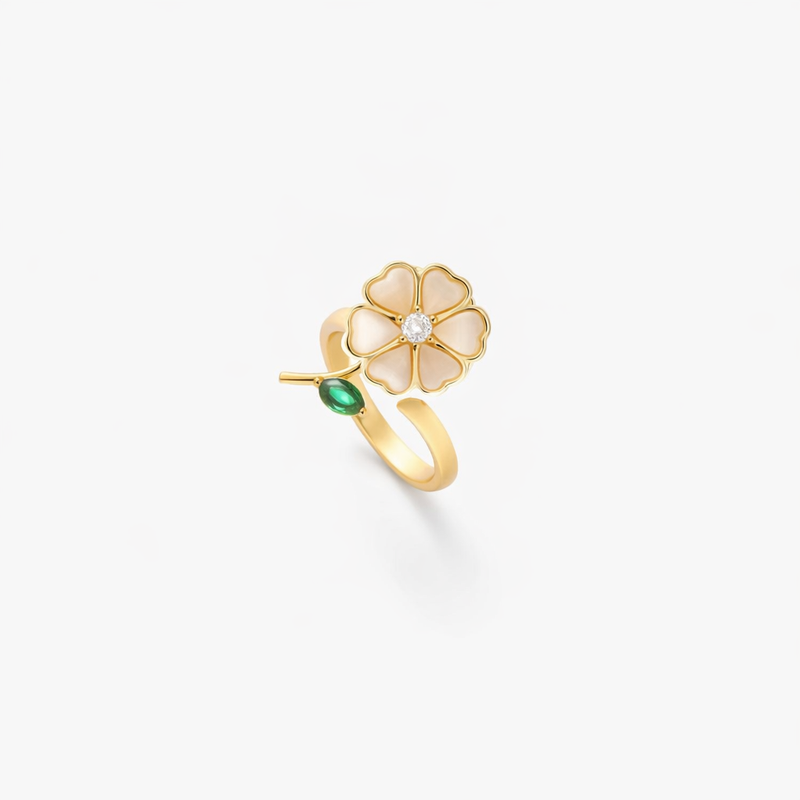 Anillo Giratorio Flor y Hoja Esmeralda