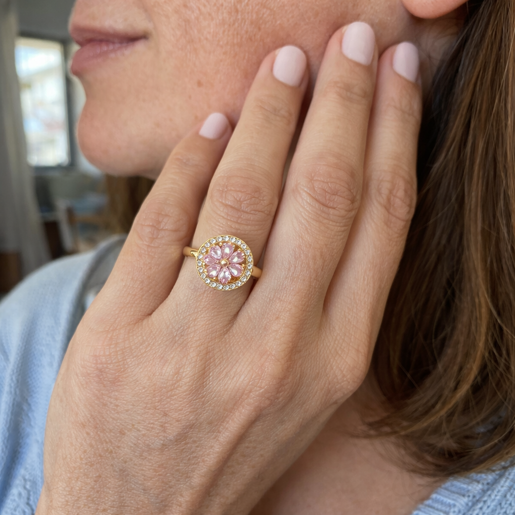 Anillo Giratorio Floración Corazón Rosa