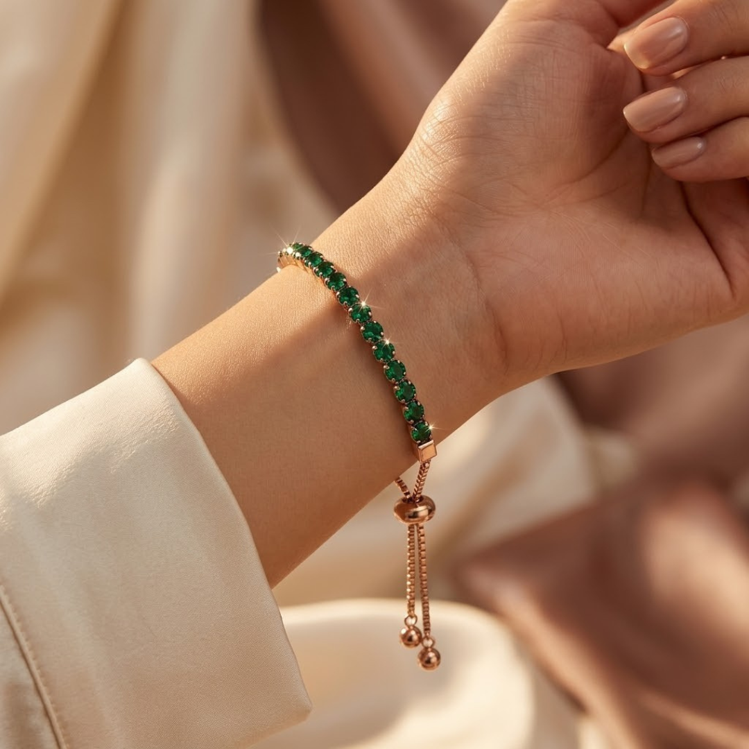 Pulsera Tenis Ajustable de Oro con Esmeralda