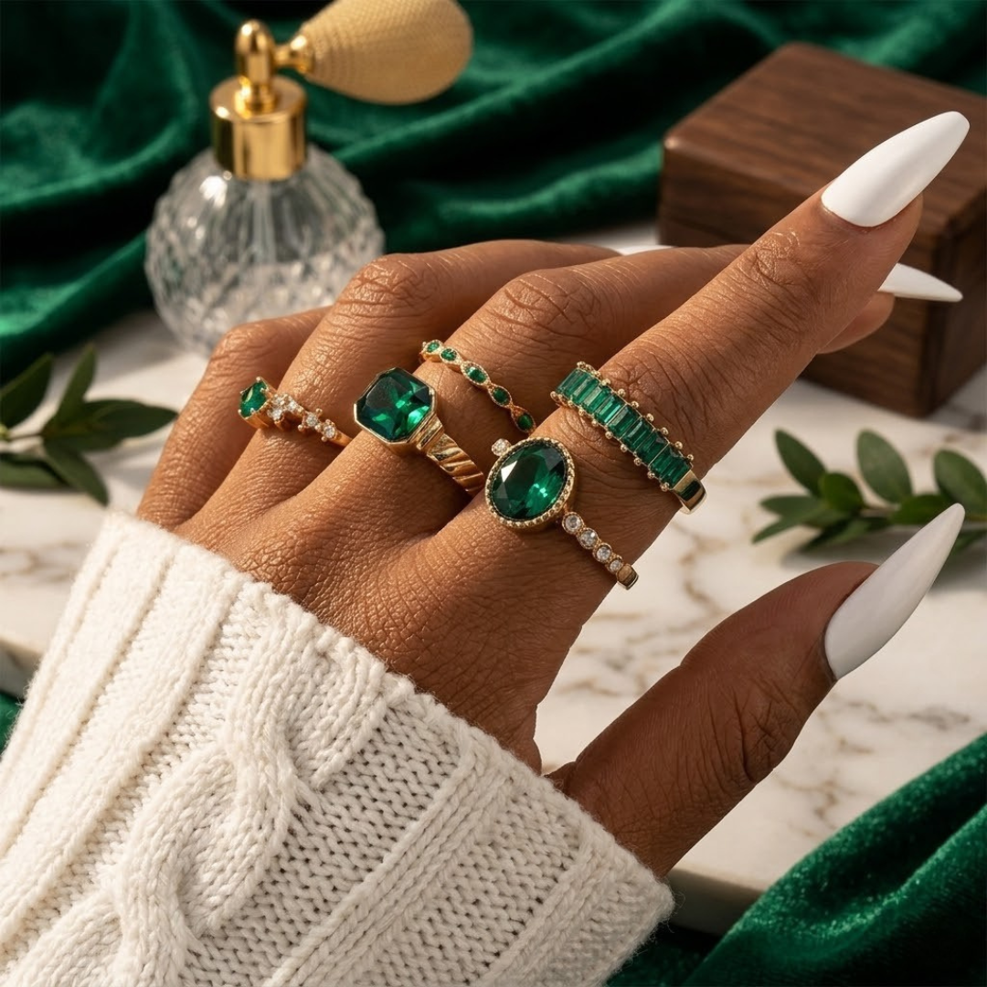 Set de Anillos de Oro con Esmeralda
