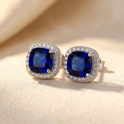 Aretes de Botón Halo de Plata con Zafiro