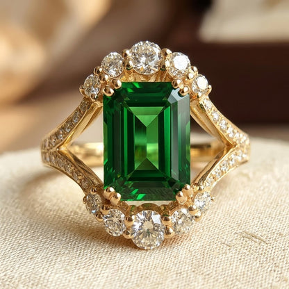 Anillo Halo de Oro con Esmeralda
