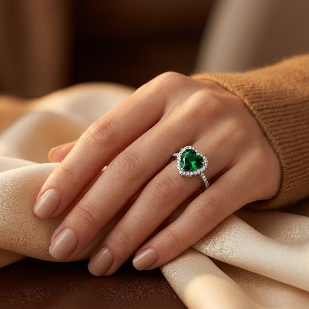 Anillo Halo Corazón de Plata con Esmeralda