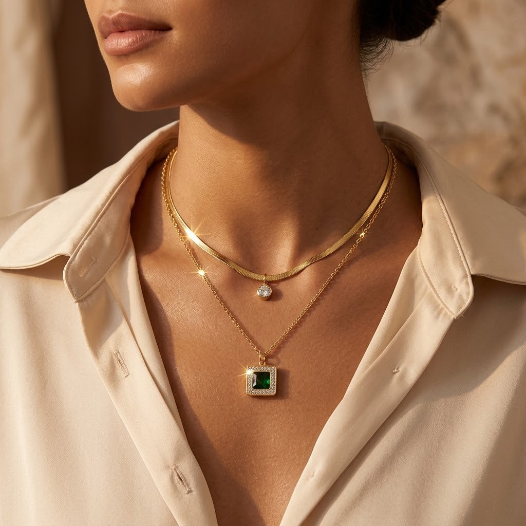 Collar en Capas de Oro con Esmeralda