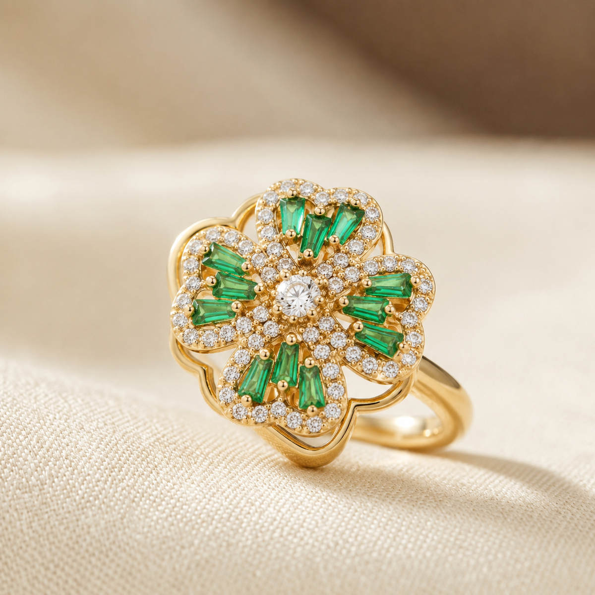 Anillo Floral de Oro con Esmeralda