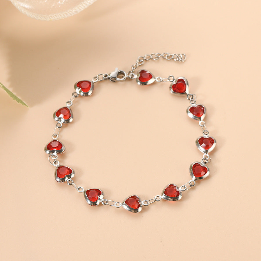Pulsera de Cadena de Plata con Corazones de Rubí