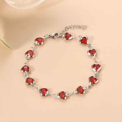 Pulsera de Cadena de Plata con Corazones de Rubí