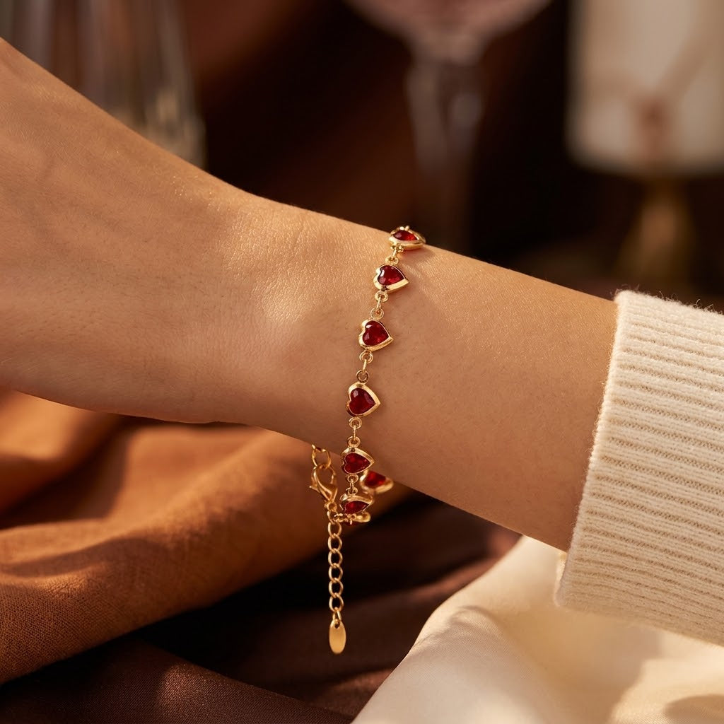 Pulsera de Cadena de Oro con Corazones de Rubí