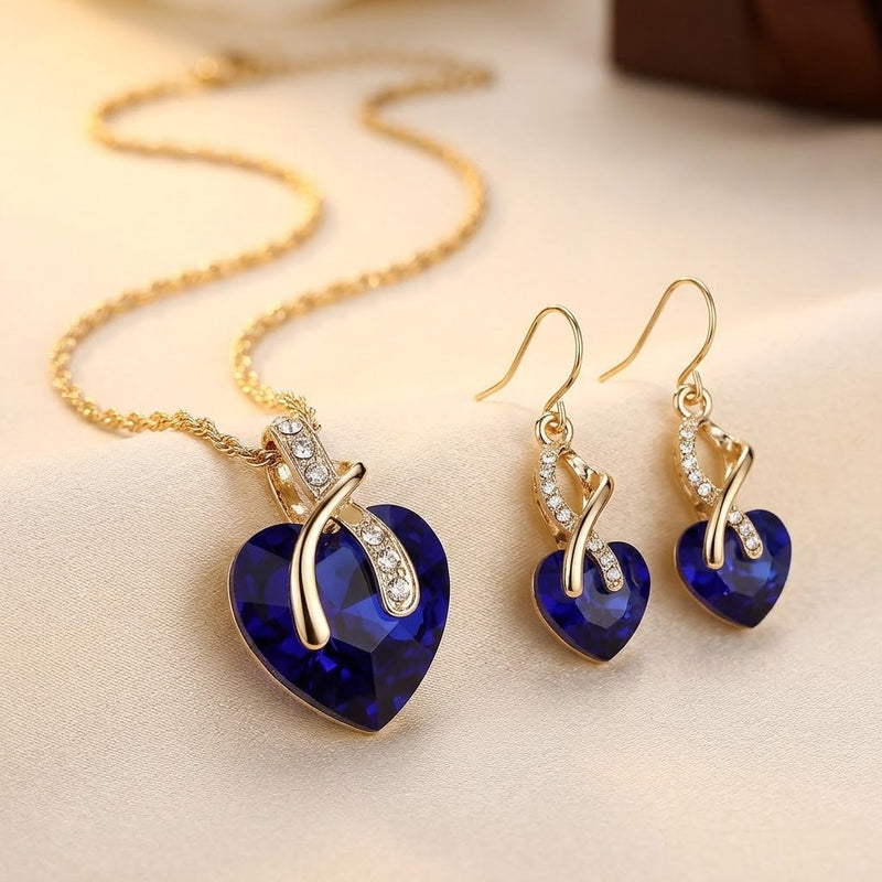 Set de Collar y Aretes Corazón de Oro con Zafiro