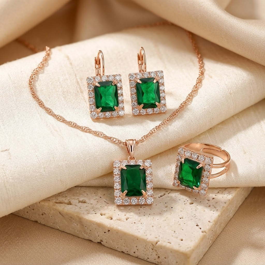 Set de Joyas Rectangular de Oro con Esmeralda