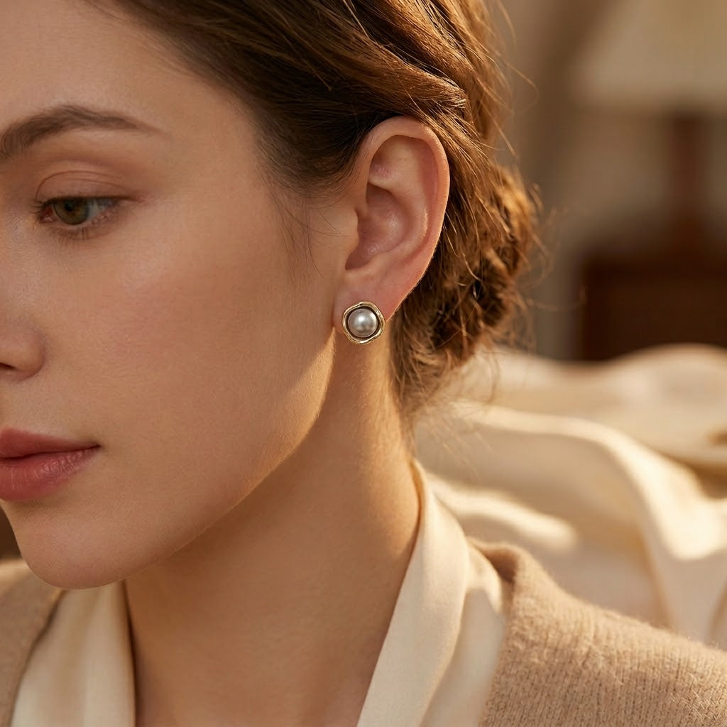Aretes de Botón de Oro con Perla