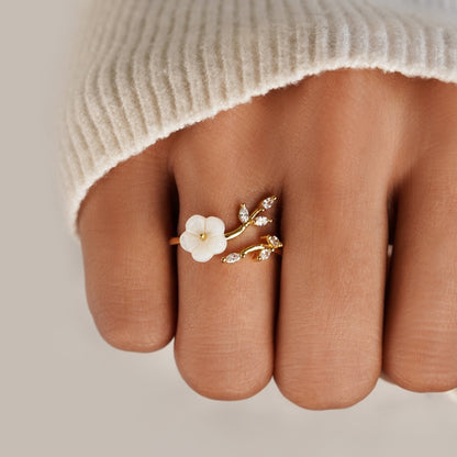 Anillo Abierto Flor y Hoja de Oro